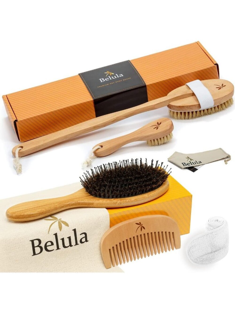 Organic Dry Brushing Body Brush Set & Boar Bristle Hair Brush for Healthy Skin
